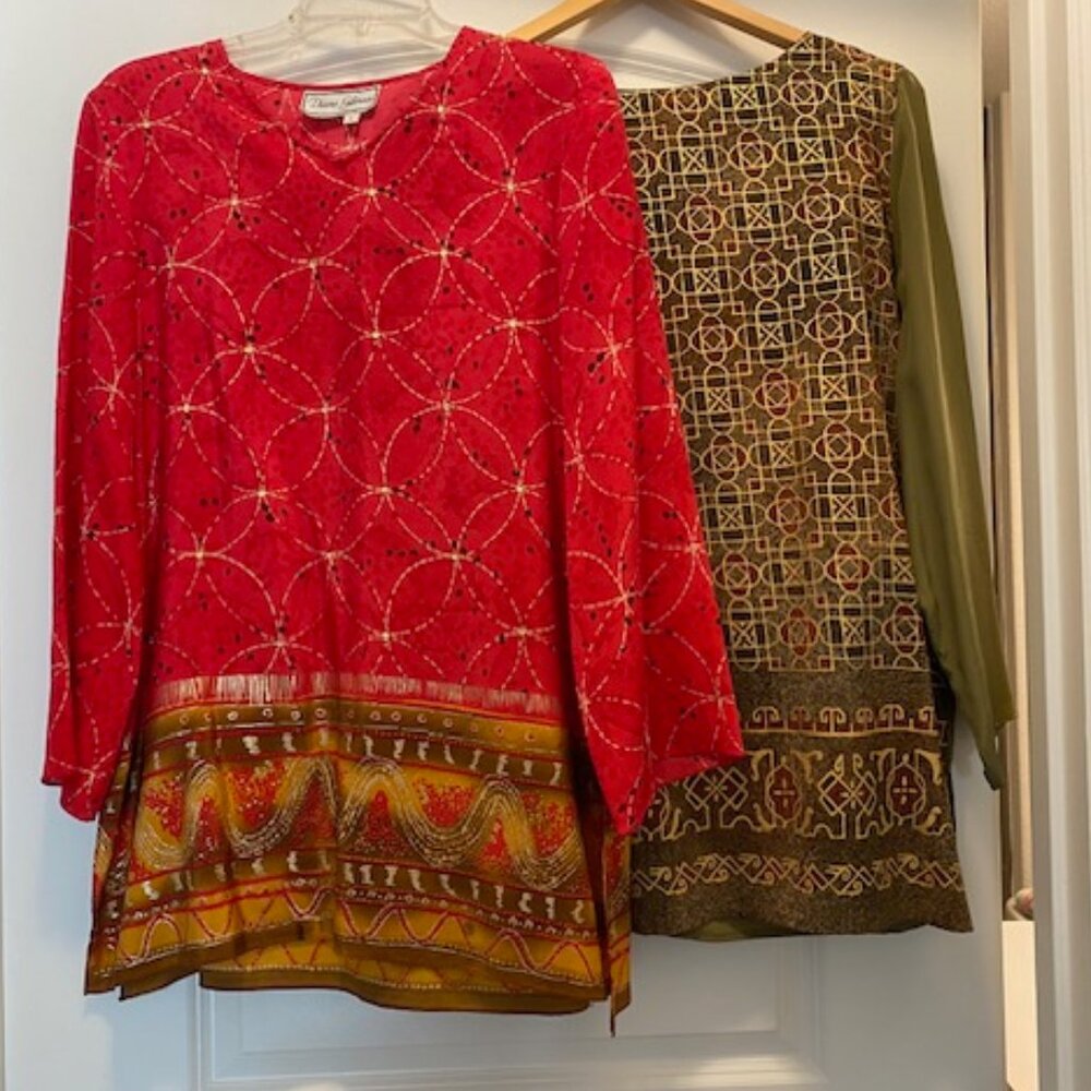 Choice: DIANE GILMAN 100% SILK l/s TUNIC Tops* RED GOLD or OLIVE Green GOLD ~ S